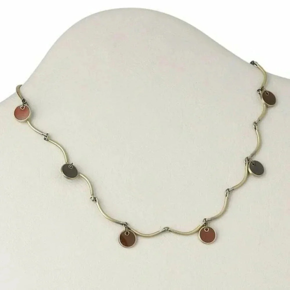 Scalloped Antique Brass Rust and Grey Enamel Charms Choker Necklace - Picture 1 of 1